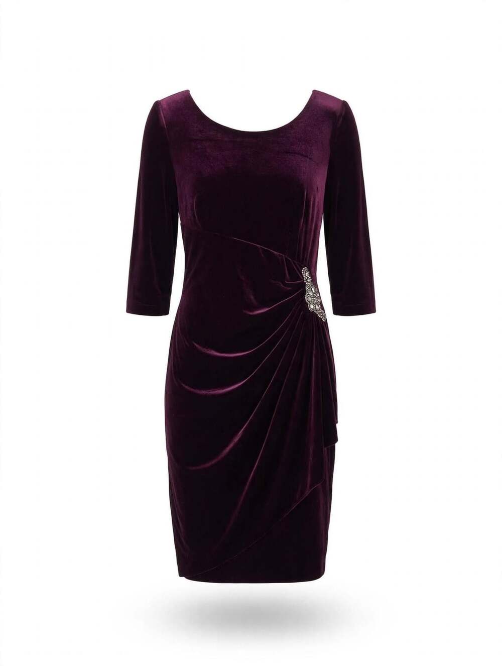 Alex Evenings Size 16 Burgundy Velvet Ruched Rhinestone Brooch Midi Dress